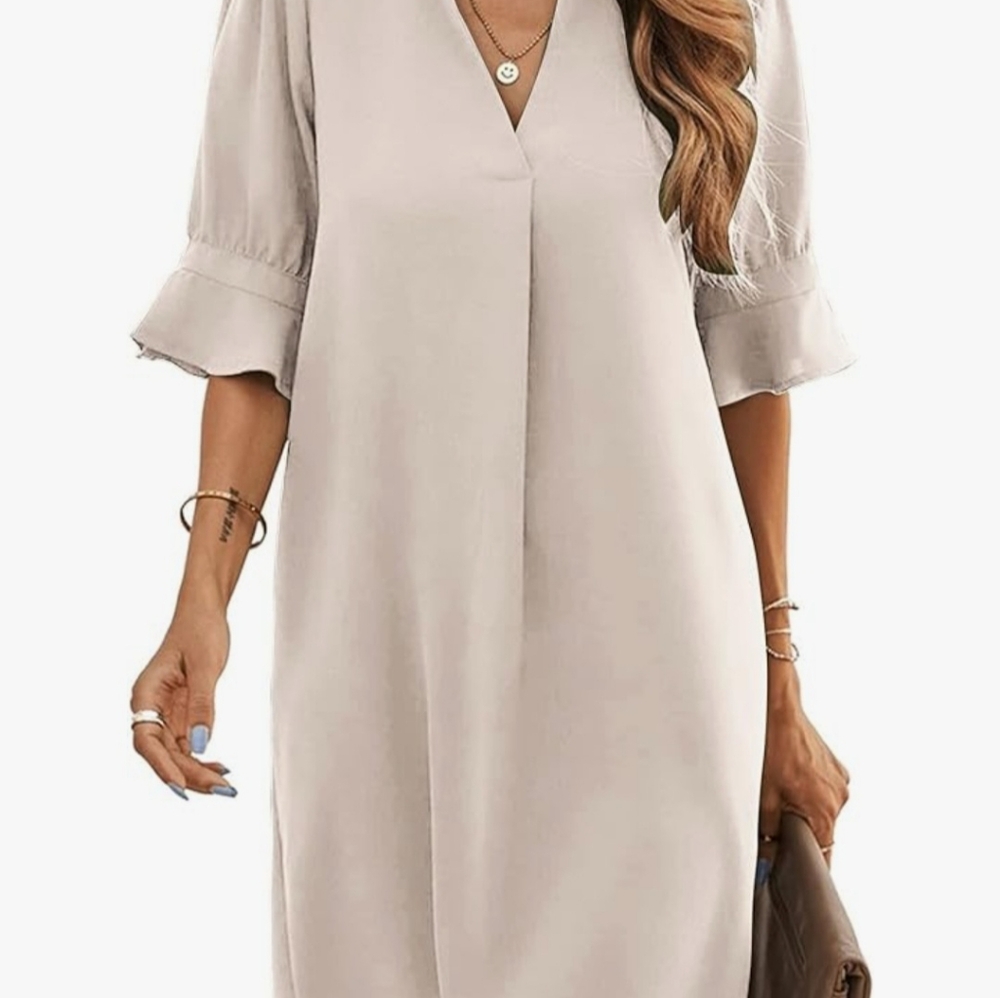 Famulily Womens Dresses V Neck Puff Sleeve Solid Loose Fit Casual Summer Beach